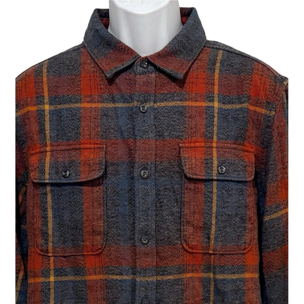 The North Face Men L Plaid Flannel Shirt 100% Cotton Orange Gray Workwear